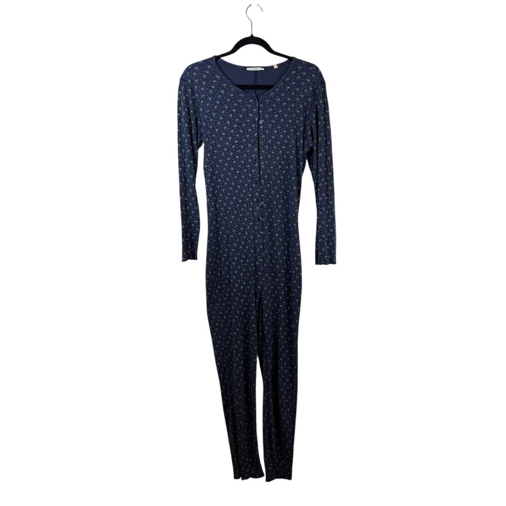 Doen Maisey Suit Windswept Floral Pointelle Long Sleeve Jumpsuit Lounge Navy LG